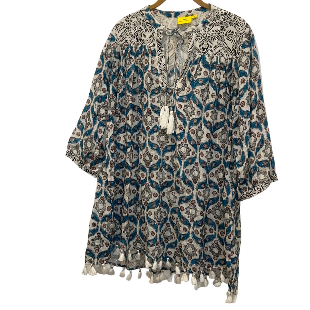 Roberta Roller Rabbit blue Moroccan Tile Indian Block Print tunic top XS